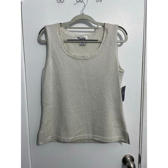 Toula Knit Tank Top Size 8 Silver Beaded Embroidered Wool Blend Preppy NWT - Picture 1 of 6
